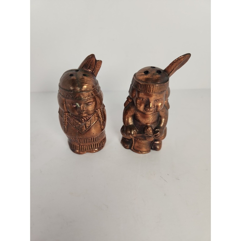 Vintage Copper Native American Boy Girl Drumming Salt Pepper Shakers Used 3in